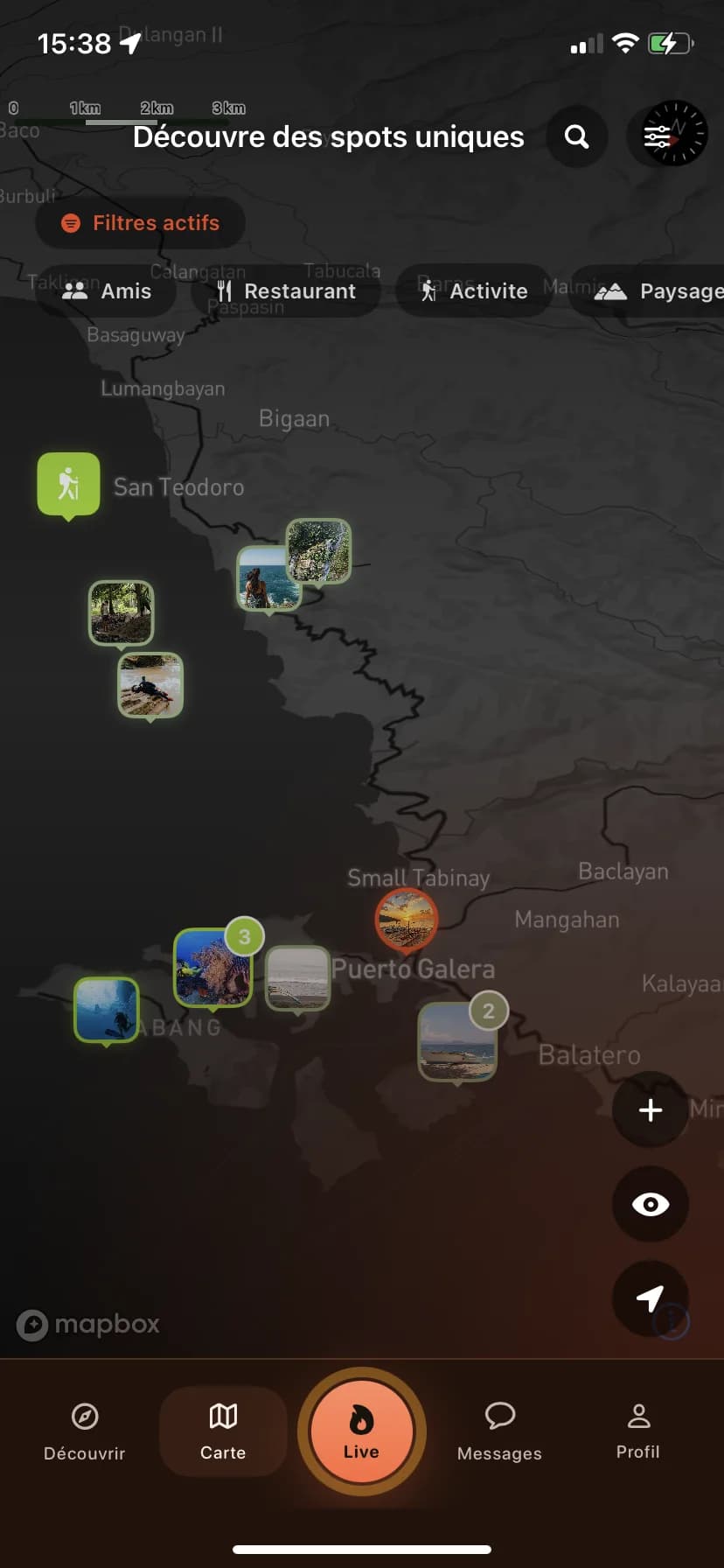 Écran carte Orizn avec spots recommandés près de Puerto Galera