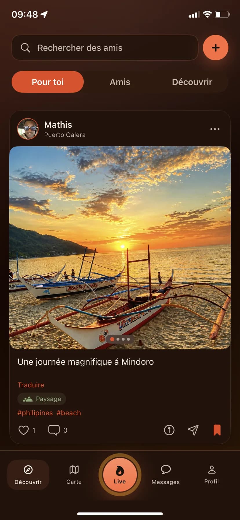 Feed Orizn avec publication de voyage