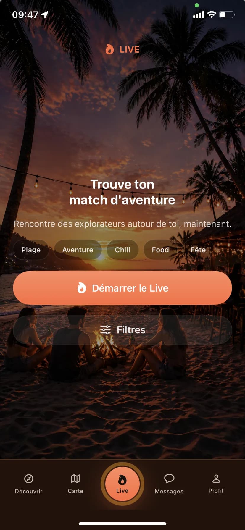 Écran Live Orizn avec bouton pour lancer un live