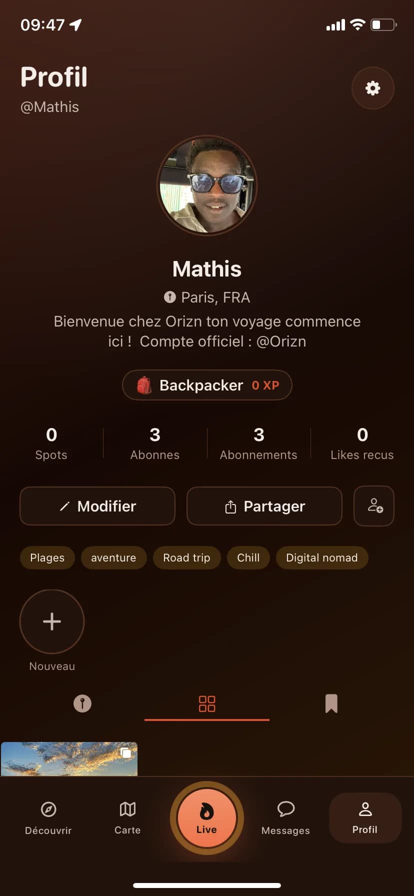 Profil Orizn avec amis et activité